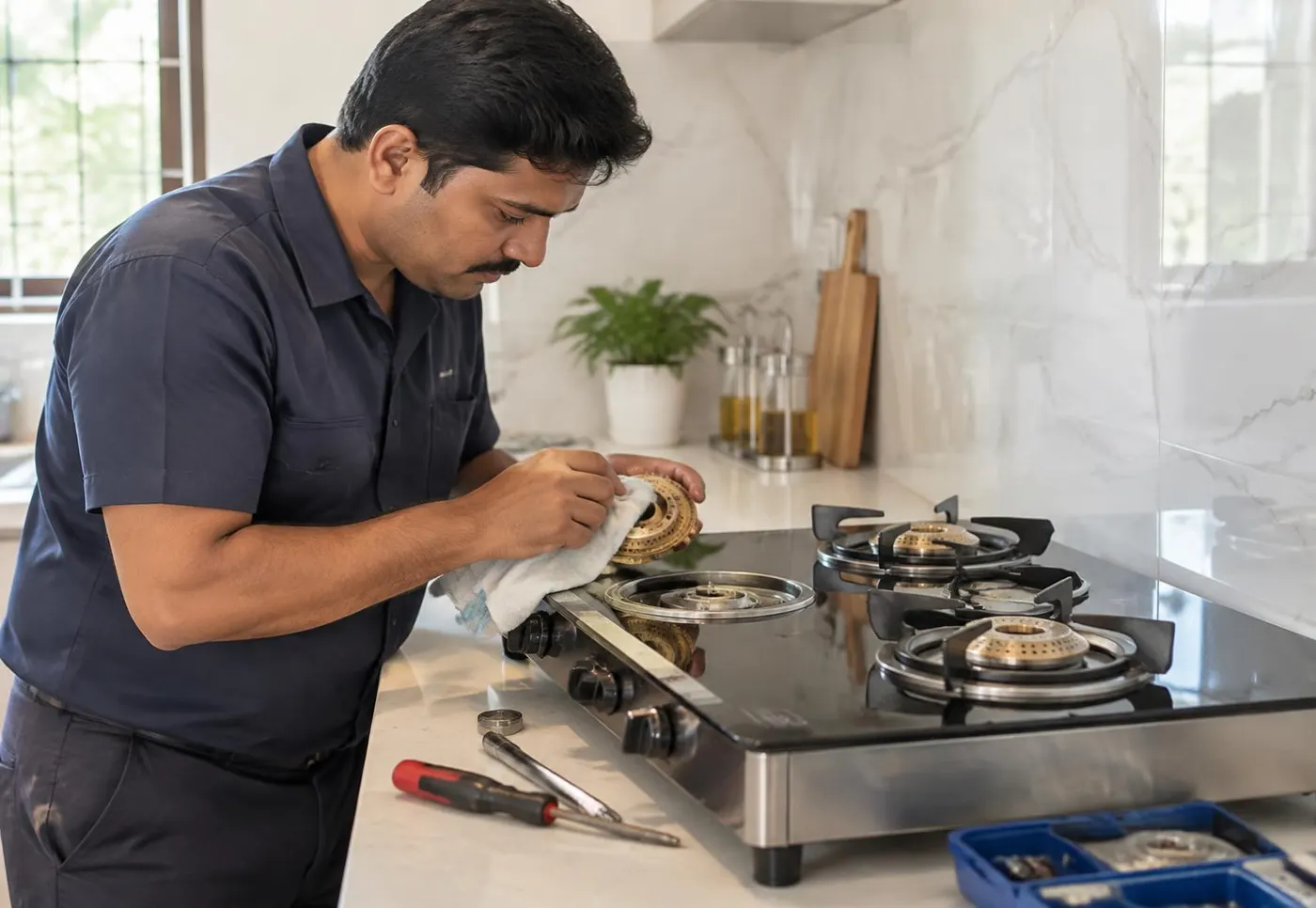 Gas stove servicing in a home kitchen